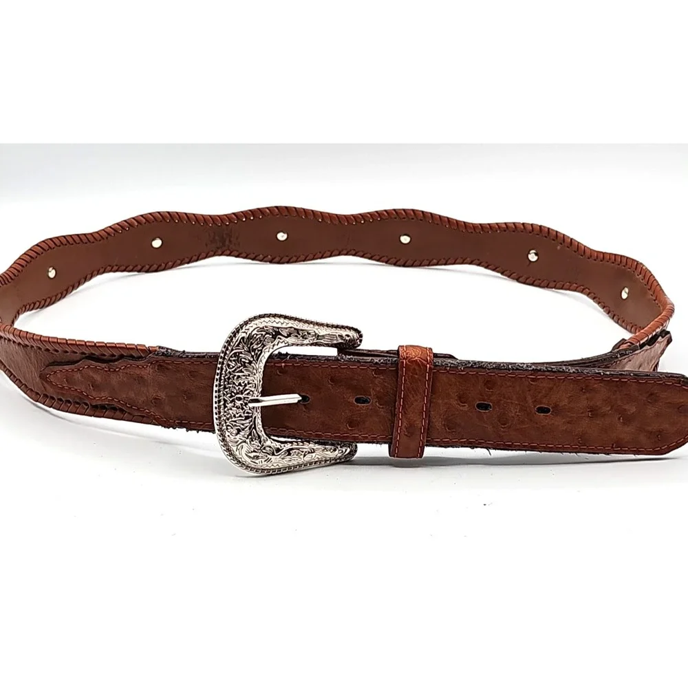 Vintage Western Brown Leather Belt Silver Conchos Ornate Buckle 38-42